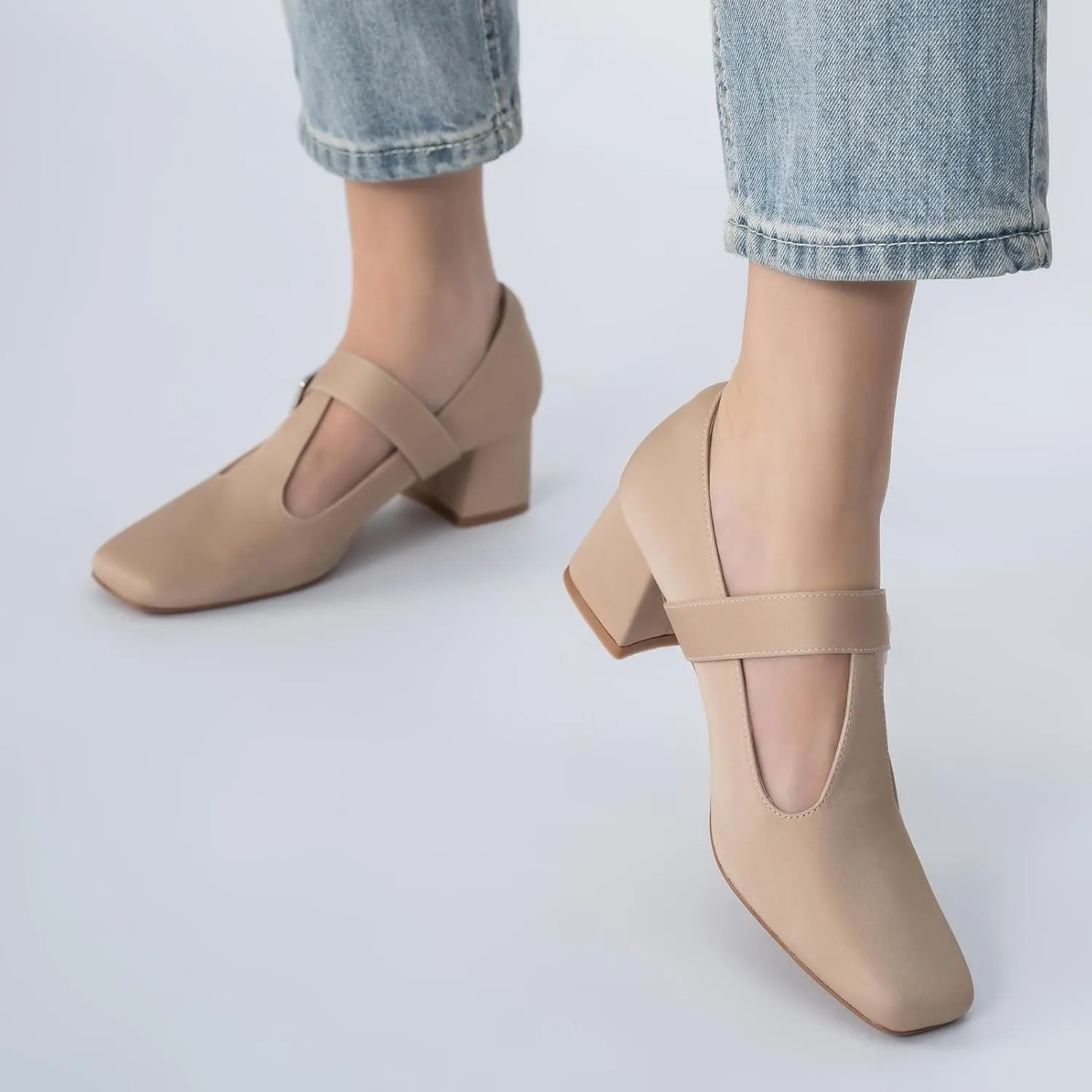 T-Strap Mary Jane Pumps Square Closed Toe Block Chunky Heels Work Wedding Party Ladies Shoes