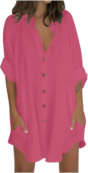 TANGNADE Womens Cotten Linen Blouse Summer Casual 3/4 Sleeve Shirts Loose Fit Oversized Tshirts Tunic Tops with Pockets