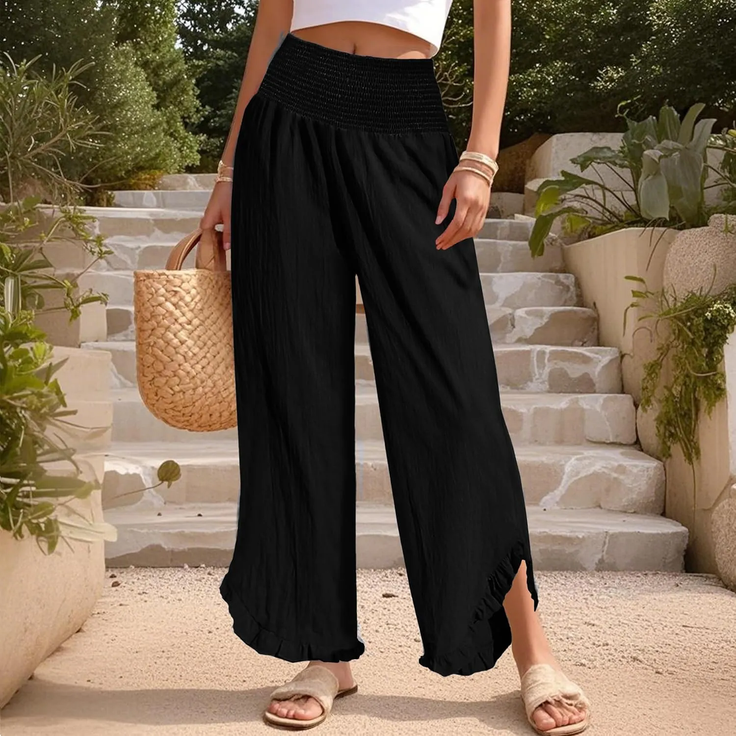 TCHH-DayUp Womens Linen Pants Wide Leg High Waisted Palazzo Cropped Pants Summer Flowy Beach Lounge Casual Trousers
