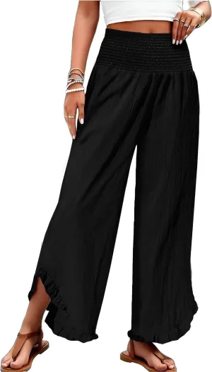 TCHH-DayUp Womens Linen Pants Wide Leg High Waisted Palazzo Cropped Pants Summer Flowy Beach Lounge Casual Trousers
