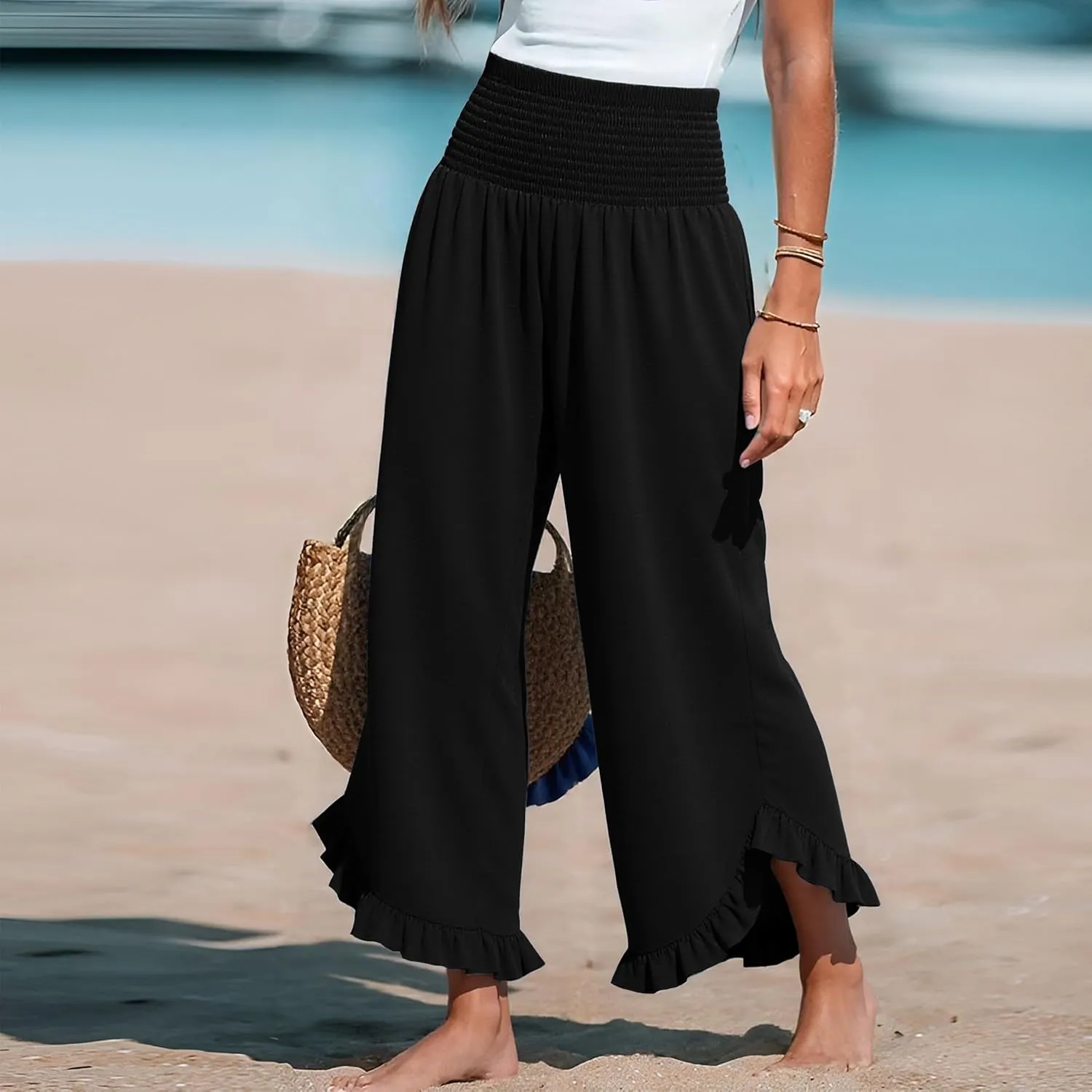 TCHH-DayUp Womens Linen Pants Wide Leg High Waisted Palazzo Cropped Pants Summer Flowy Beach Lounge Casual Trousers