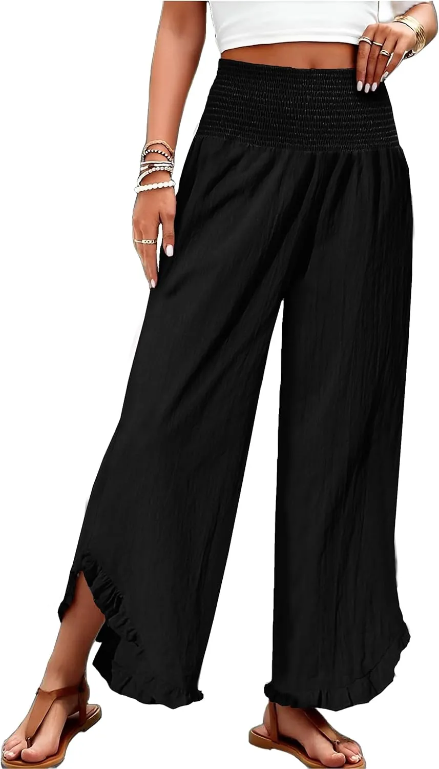 TCHH-DayUp Womens Linen Pants Wide Leg High Waisted Palazzo Cropped Pants Summer Flowy Beach Lounge Casual Trousers