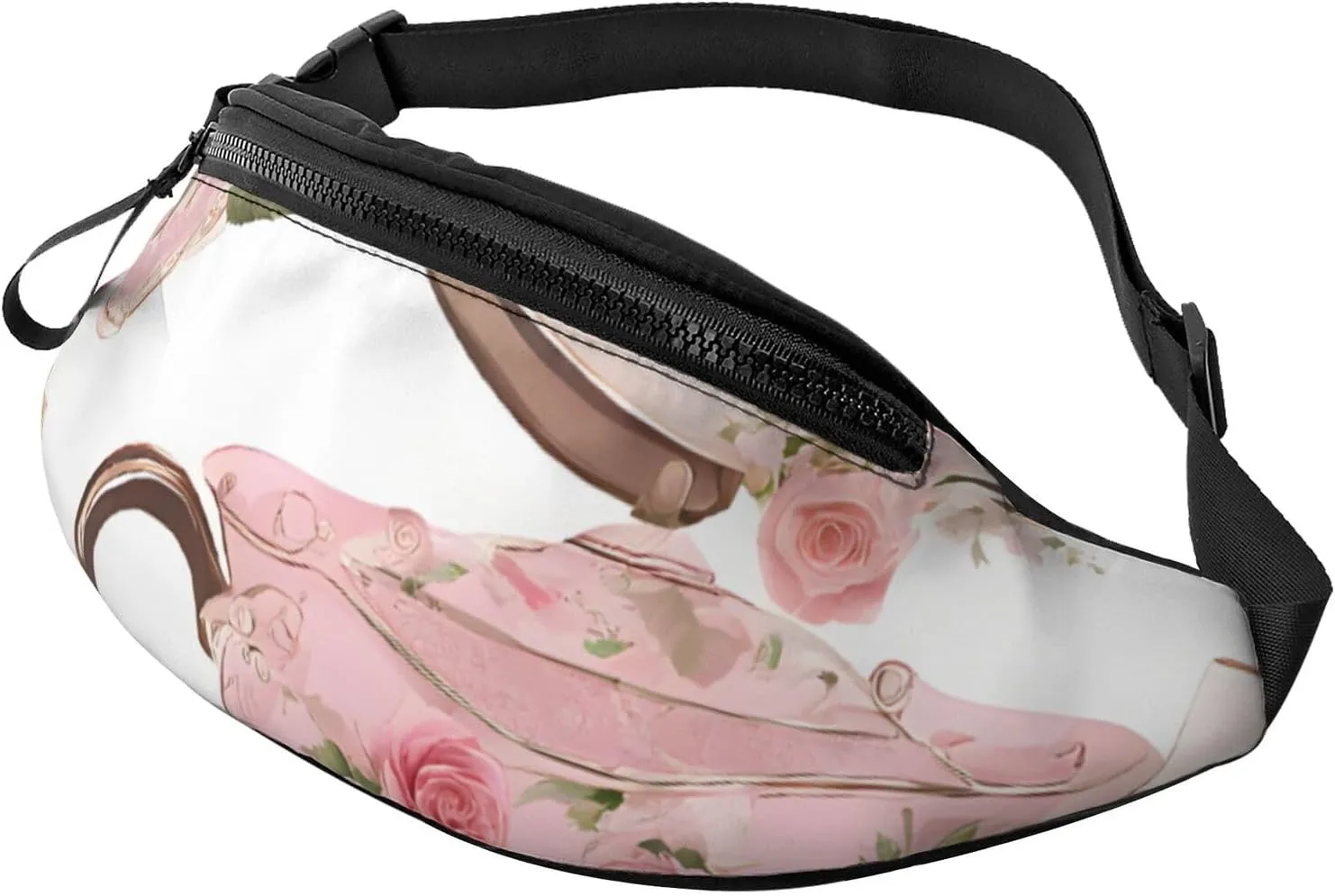 (Tea Cups With Roses Romantic Shabby) Casual Waist Bag For Men Women Adjustable Fanny Pack For Travel Running Hiking Cycling