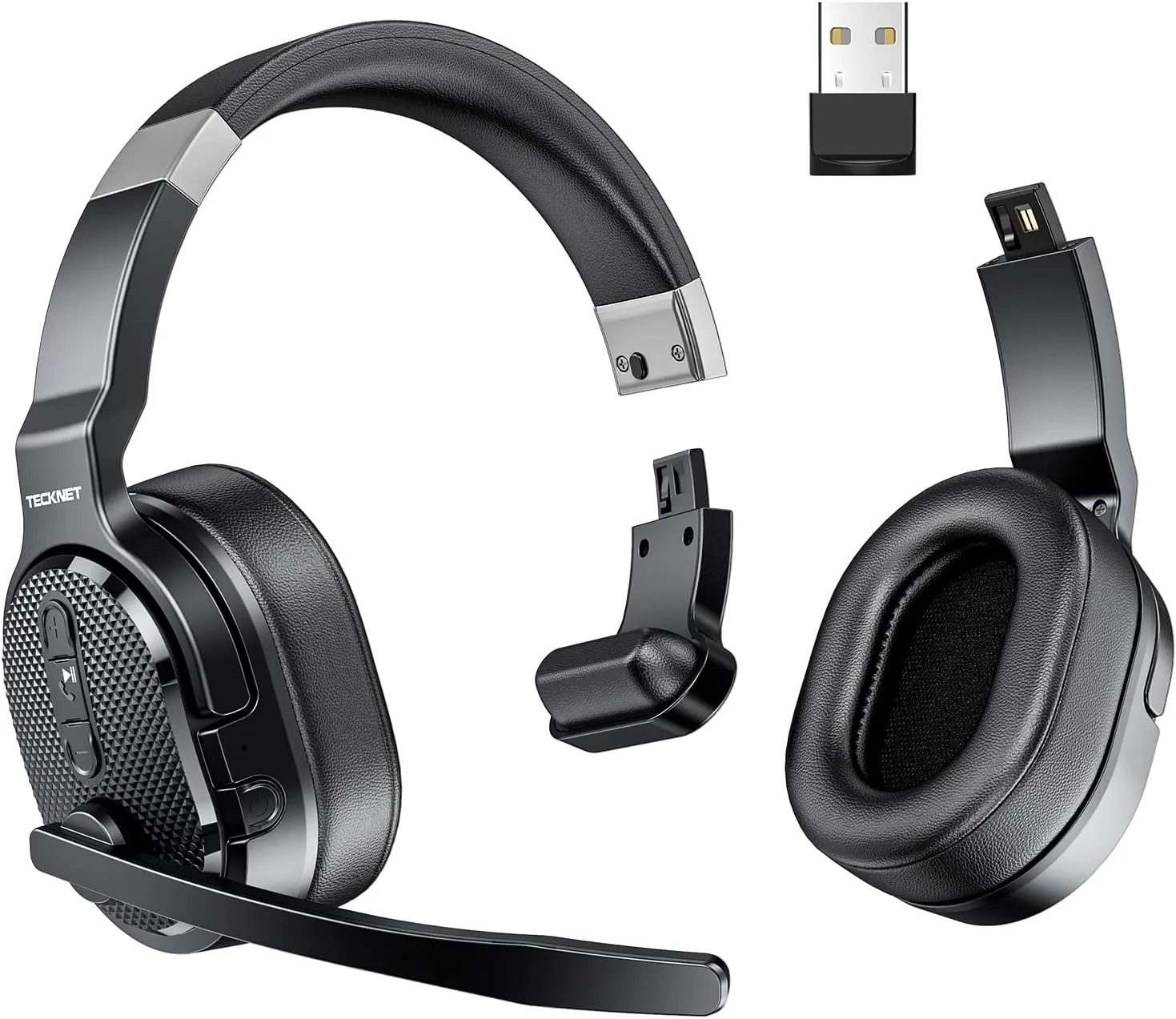 TECKNET Bluetooth Trucker Headset, Single and Dual Ear Wireless Headset with Mic for Work Noise Cancelling, 50Hrs 3 EQ Music Modes Trucker Bluetooth Headphones for PC, Drivers, Office, Call Center