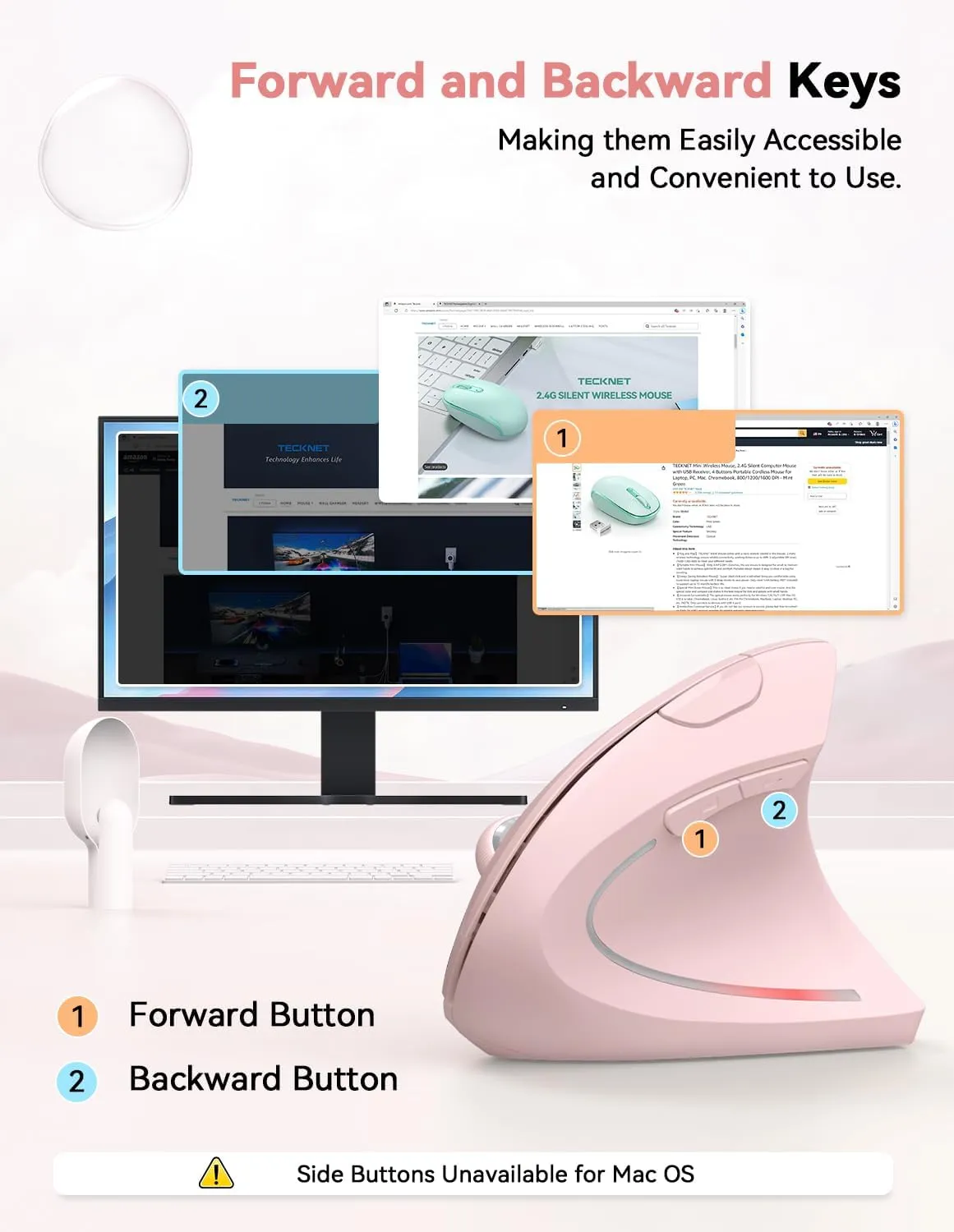 TECKNET Ergonomic Wireless Vertical Mouse - 4800 DPI, 5 Adjustable Levels, 2.4GHz Optical, 6 Buttons for Carpal Tunnel - Laptop, Desktop, PC, MacBook Compatible - Pink