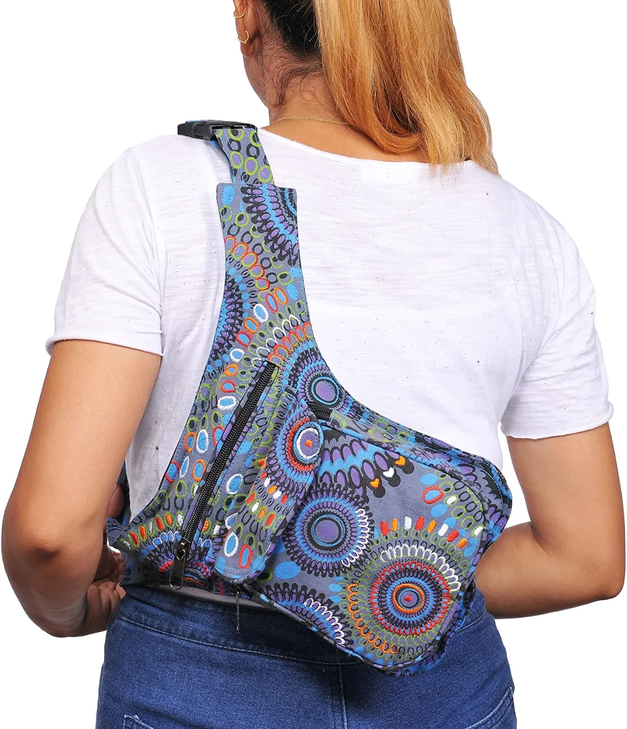 The Collection Royal Fanny Pack Crossbody Bags for Women| Cotton Canvas Boho Hippie Festival Colorful Belt Bag for Women (Blue B)