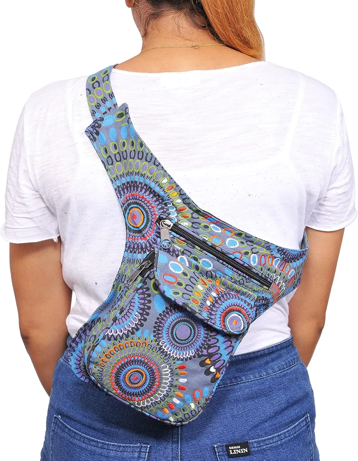 The Collection Royal Fanny Pack Crossbody Bags for Women| Cotton Canvas Boho Hippie Festival Colorful Belt Bag for Women (Blue B)