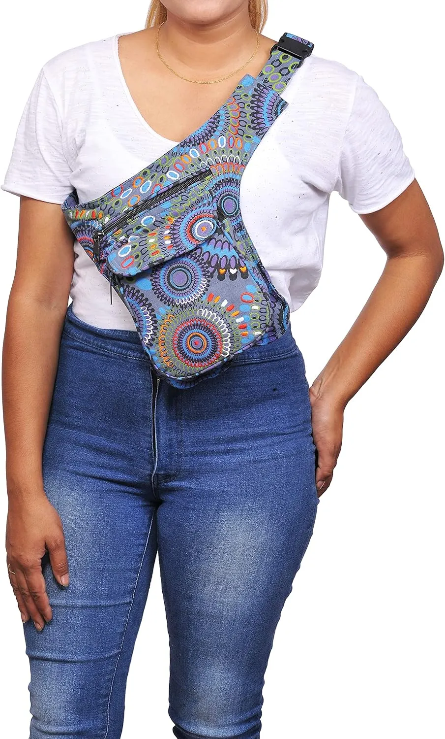 The Collection Royal Fanny Pack Crossbody Bags for Women| Cotton Canvas Boho Hippie Festival Colorful Belt Bag for Women (Blue B)