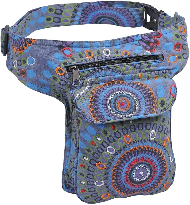 The Collection Royal Fanny Pack Crossbody Bags for Women| Cotton Canvas Boho Hippie Festival Colorful Belt Bag for Women (Blue B)