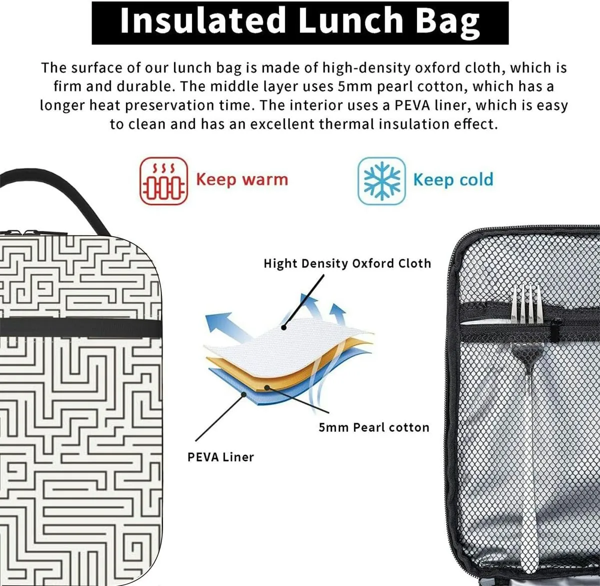 the form a labyrinth Insulated Iunch Bag for Men Woman Large Portable Waterproof Reusable Thermal Lunch Box with Pockets for Work Travel Picnic