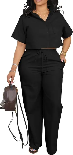 ThusFar Women Linen 2 Piece Outfits Short Sleeve Button Down Crop Top Drawstring Long Pants Suit Summer Work Lounge Set