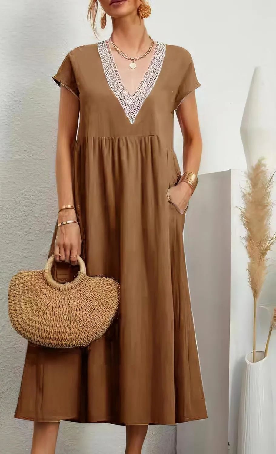 TIAFORD Women's Half Sleeve V Neck Lace Trim Hem Cotton Linen Maxi Dresses Summer Loose Beach Dress for Women with Pockets