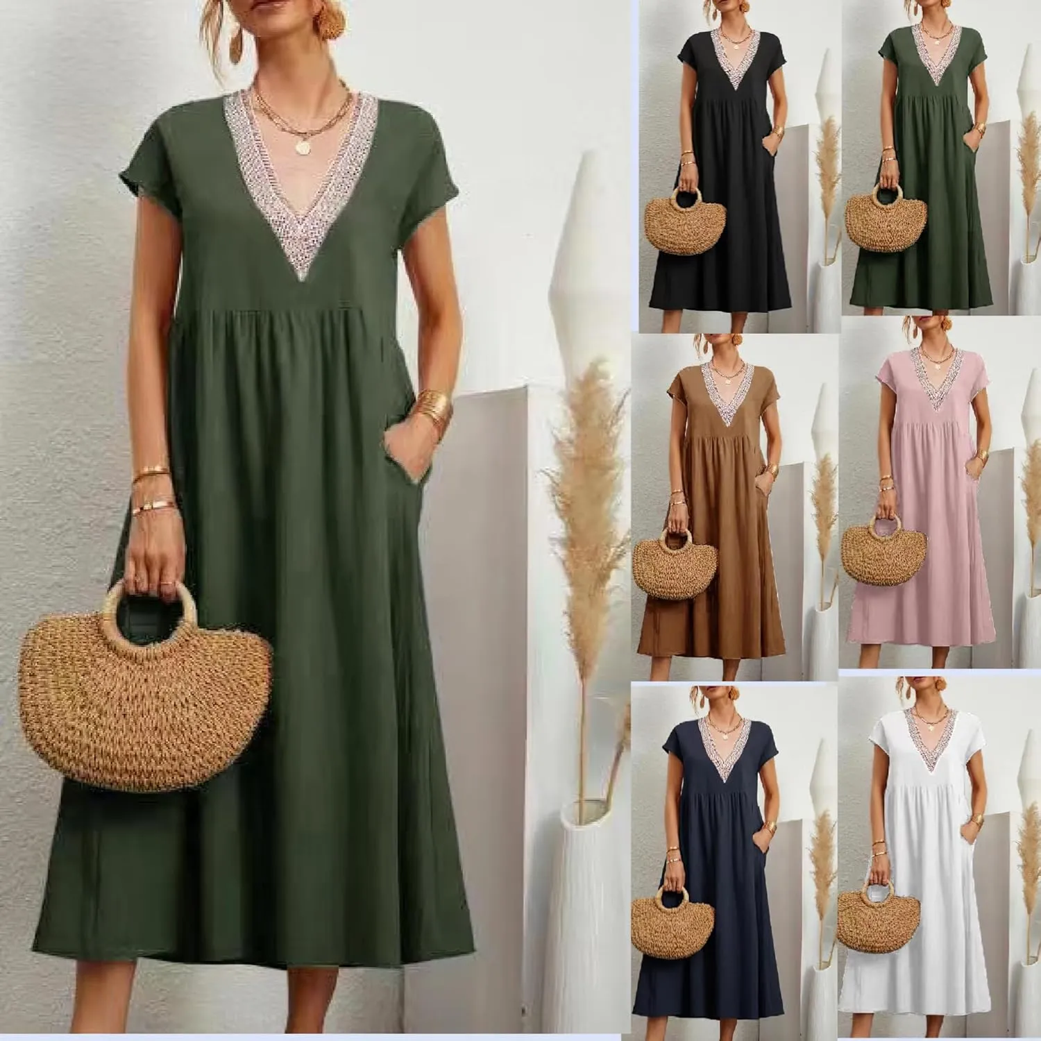 TIAFORD Women's Half Sleeve V Neck Lace Trim Hem Cotton Linen Maxi Dresses Summer Loose Beach Dress for Women with Pockets