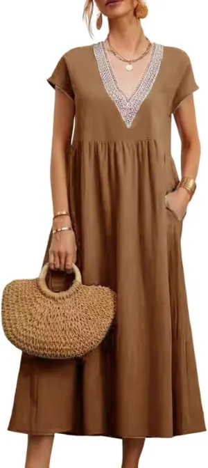 TIAFORD Women's Half Sleeve V Neck Lace Trim Hem Cotton Linen Maxi Dresses Summer Loose Beach Dress for Women with Pockets