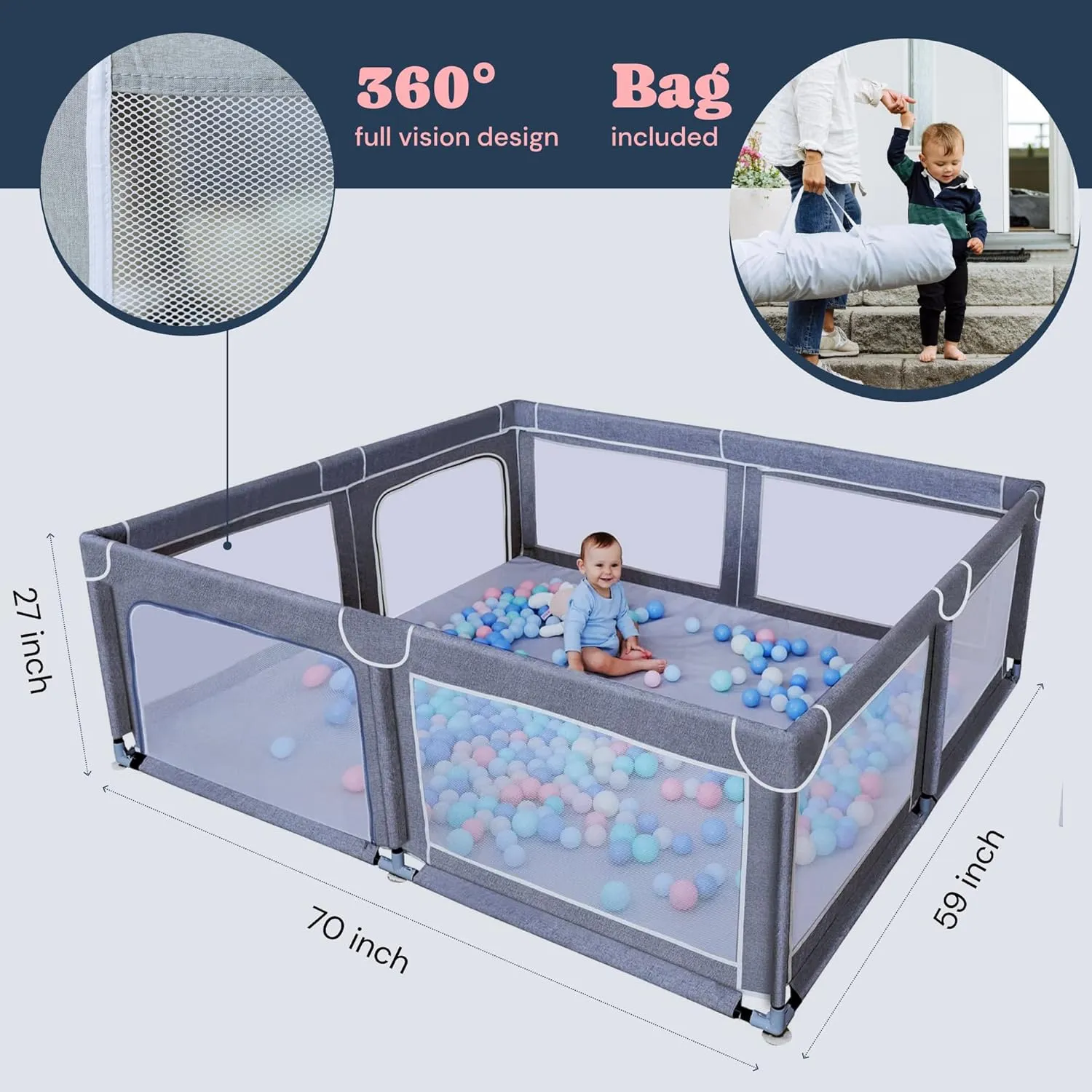 TODALE Baby Playpen 70”×59”- Play Yard with Tear-Resistant Material, Anti-Slip Suckers, Breathable Mesh, Gate - Kids Big Play Pens for Babies and Toddlers, for Sleep & Activity, Baby Fence, Grey