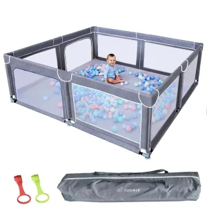 TODALE Baby Playpen 70”×59”- Play Yard with Tear-Resistant Material, Anti-Slip Suckers, Breathable Mesh, Gate - Kids Big Play Pens for Babies and Toddlers, for Sleep & Activity, Baby Fence, Grey