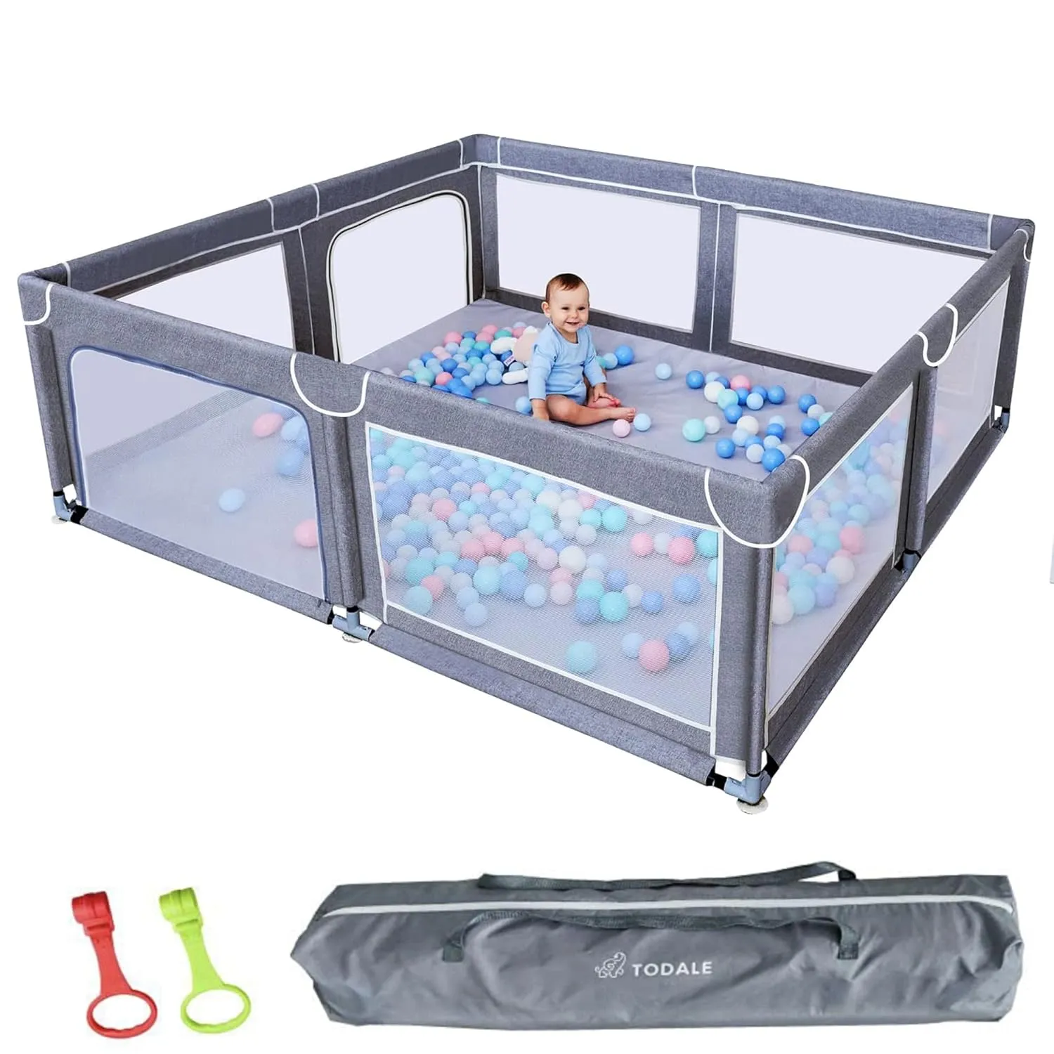 TODALE Baby Playpen 70”×59”- Play Yard with Tear-Resistant Material, Anti-Slip Suckers, Breathable Mesh, Gate - Kids Big Play Pens for Babies and Toddlers, for Sleep & Activity, Baby Fence, Grey