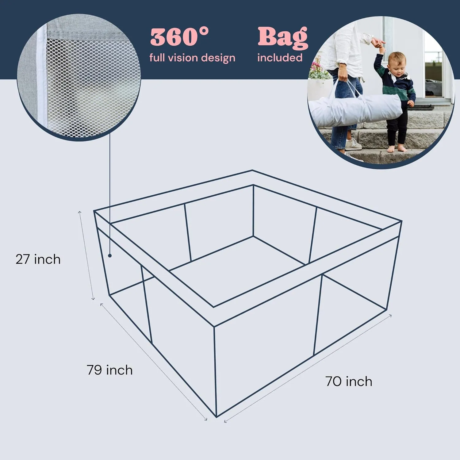 TODALE Extra Large Playpen for Babies and Toddlers 79”×70”- Tear-Resistant, Safe Indoor & Outdoor Oversized Thick Play Yard for Infant, Toddler, Baby Play Pen. Safe Play Floor Area with Gate, Grey