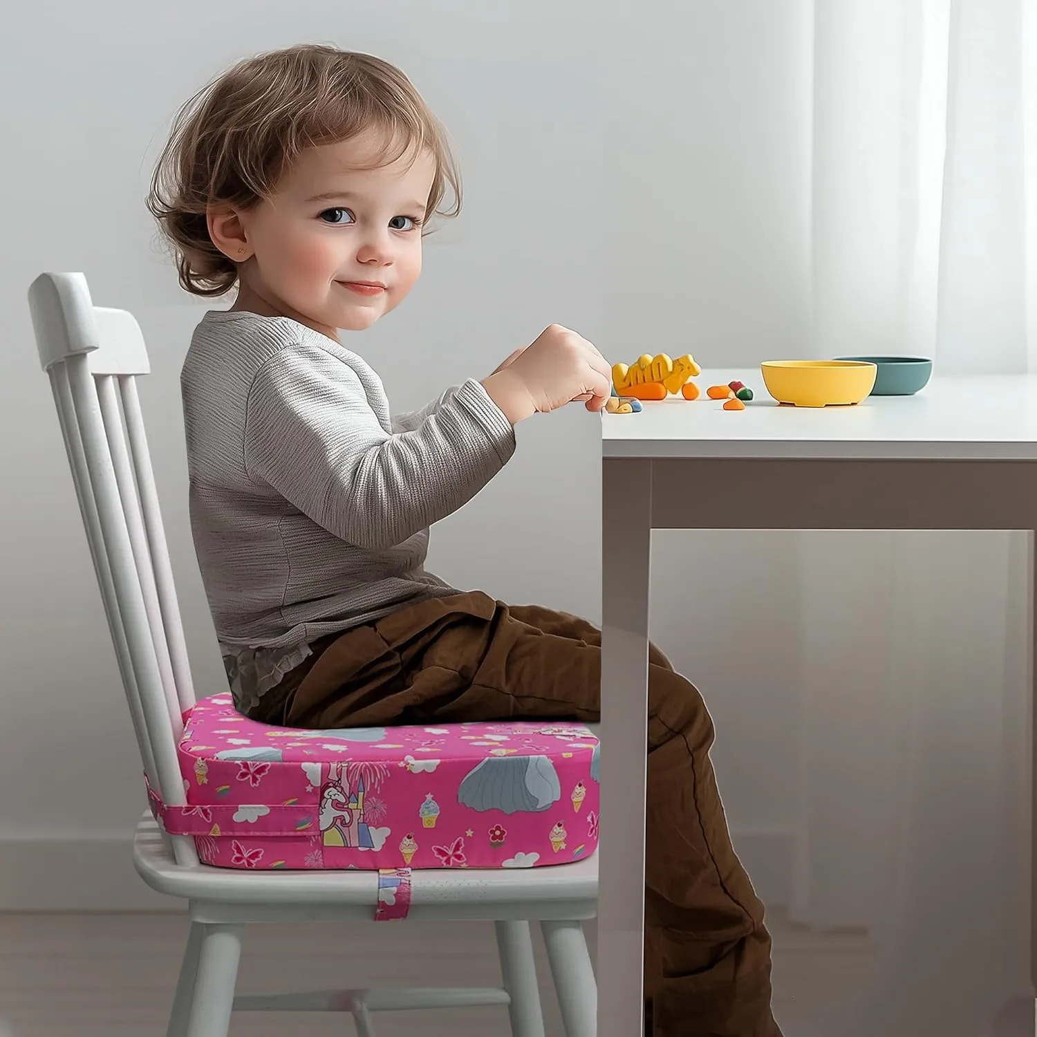 Toddler Booster Seat for Kitchen Chair, 3.5" Oxford Foam Cushion, Non-Slip Base, Adjustable Straps, Portable Dining Booster for Self-Feeding Toddlers at Home or on The Go (Pink Castle)