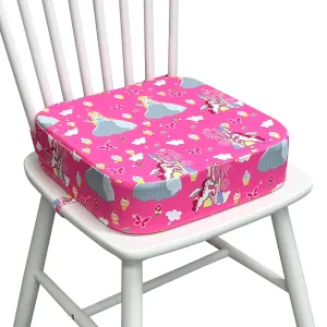 Toddler Booster Seat for Kitchen Chair, 3.5" Oxford Foam Cushion, Non-Slip Base, Adjustable Straps, Portable Dining Booster for Self-Feeding Toddlers at Home or on The Go (Pink Castle)