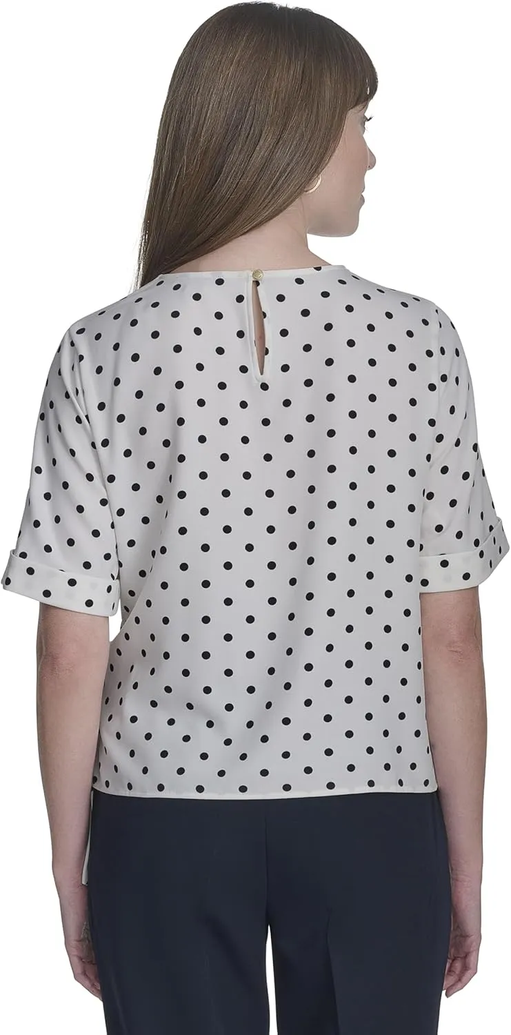Tommy Hilfiger Women's Short Sleeve Dot Print Tie Front Shirt