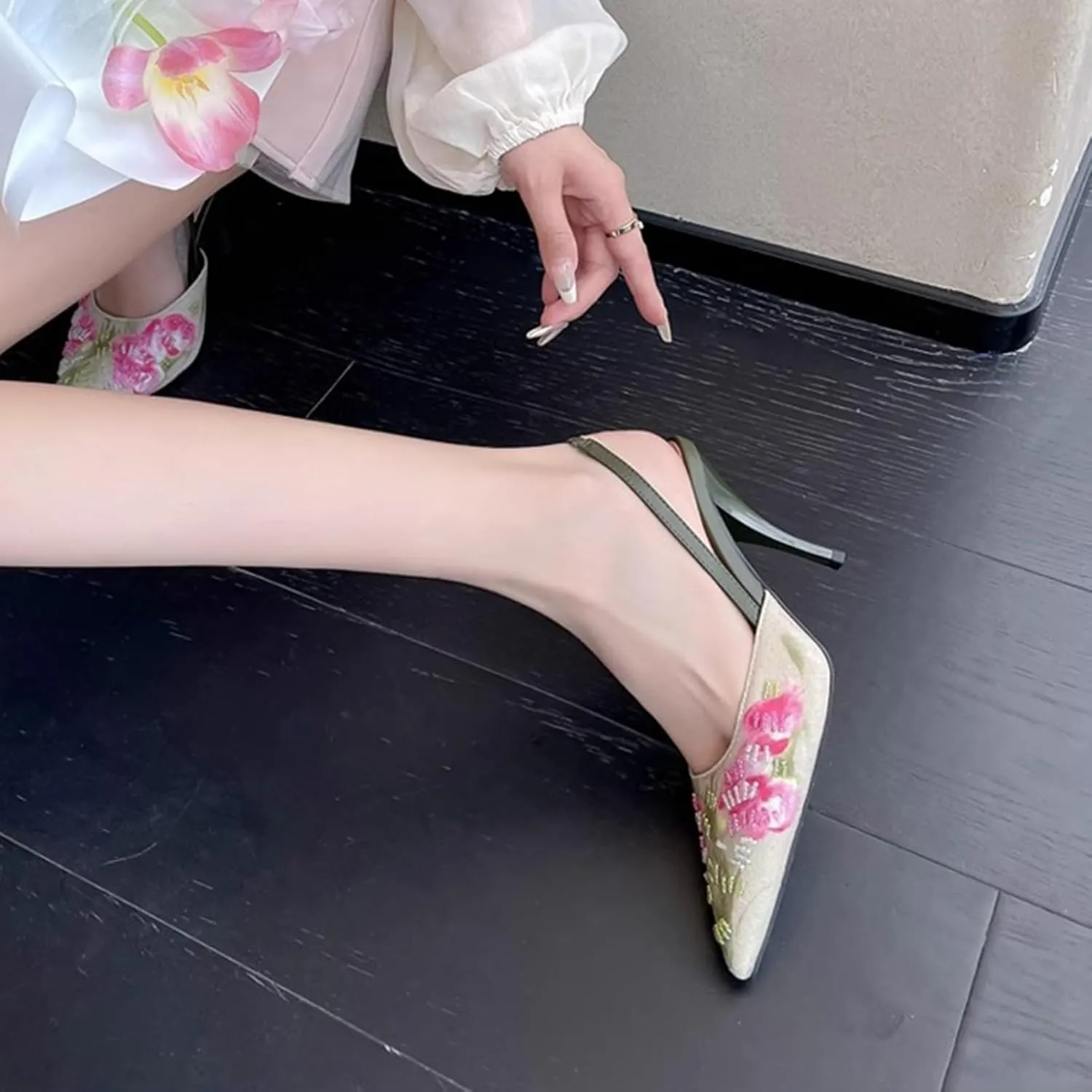 TOSOFT Embroidered Slingback Heels for Women Fashion Linen Mid Heel Pumps Pointed Toe Stilettos Party Bridal Shoes