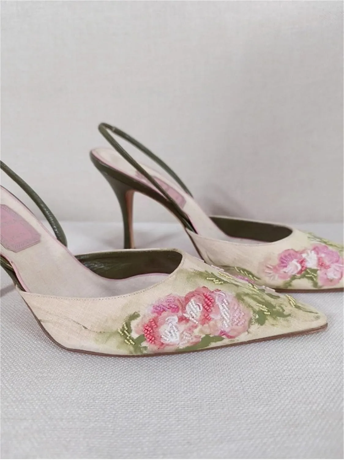 TOSOFT Embroidered Slingback Heels for Women Fashion Linen Mid Heel Pumps Pointed Toe Stilettos Party Bridal Shoes