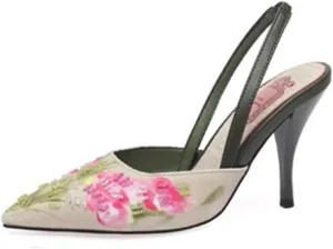 TOSOFT Embroidered Slingback Heels for Women Fashion Linen Mid Heel Pumps Pointed Toe Stilettos Party Bridal Shoes