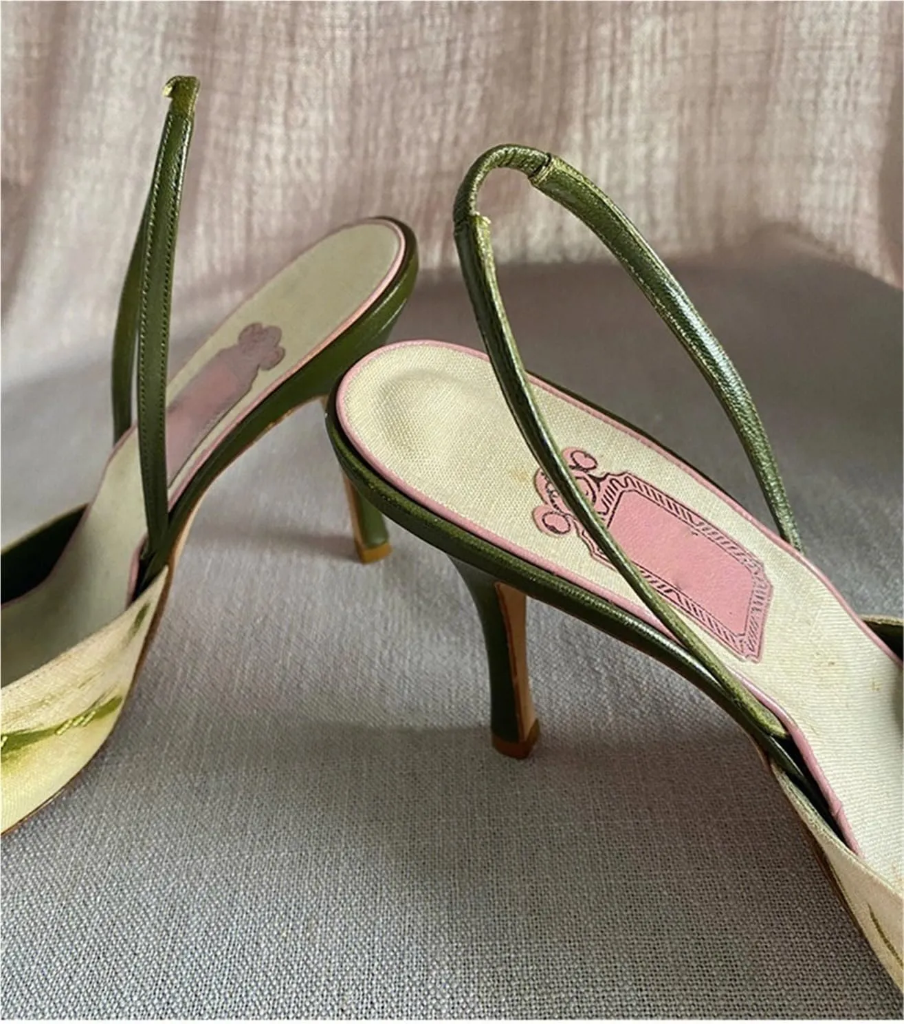 TOSOFT Embroidered Slingback Heels for Women Fashion Linen Mid Heel Pumps Pointed Toe Stilettos Party Bridal Shoes