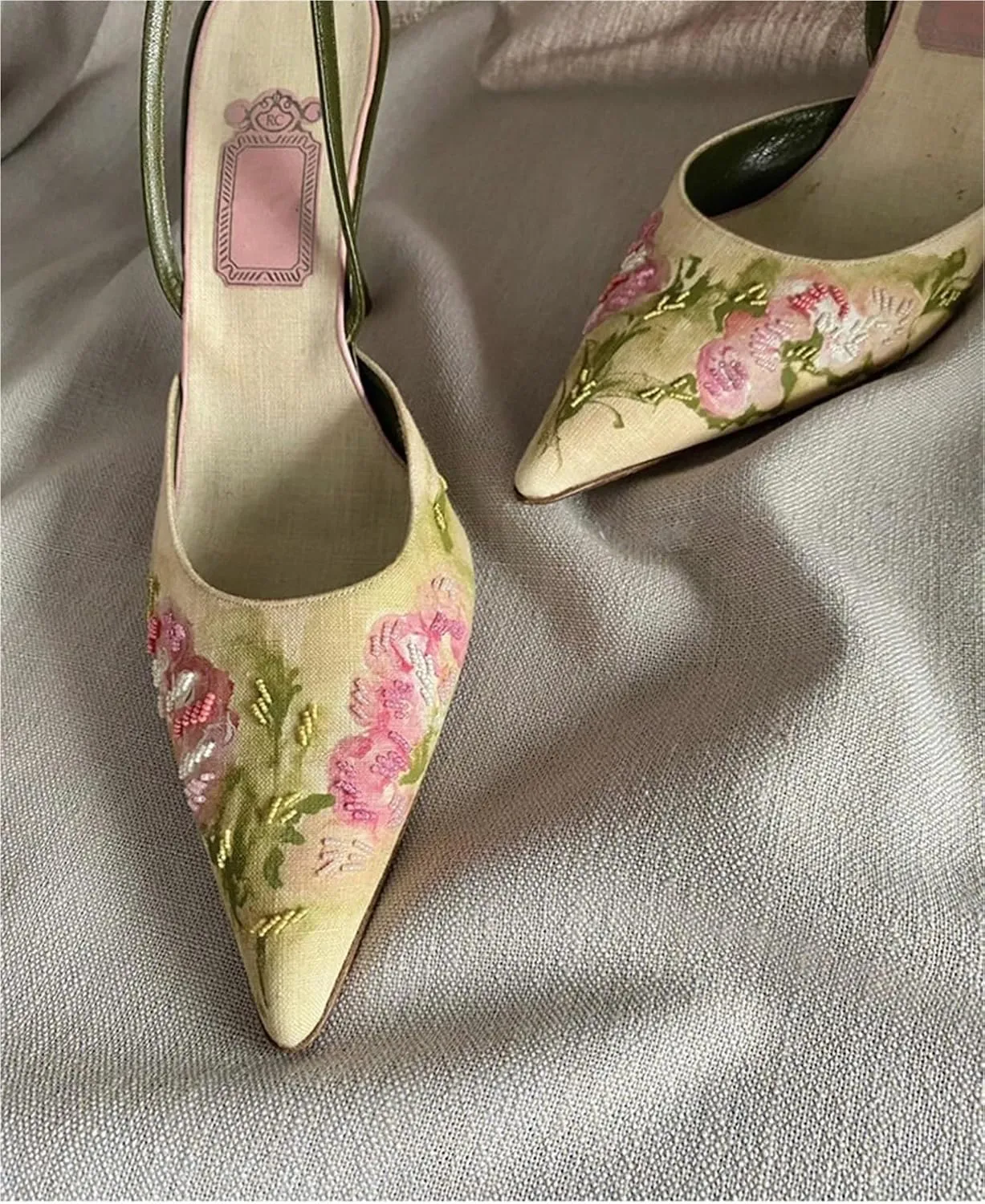 TOSOFT Embroidered Slingback Heels for Women Fashion Linen Mid Heel Pumps Pointed Toe Stilettos Party Bridal Shoes
