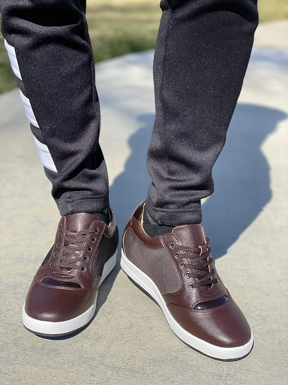 TOTO Men's Invisible Height Increasing Elevator Shoes - Dark Brown Leather/Mesh Lace-up Casual Fashion Sneakers - 3.2 Inches Taller - A53271 - Size 12 D(M) US