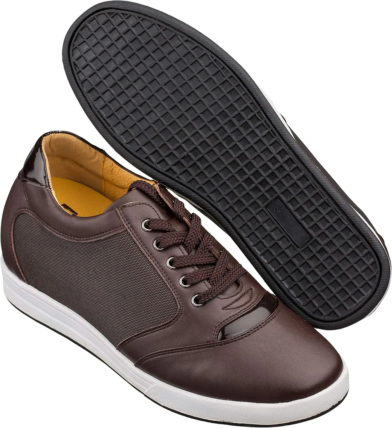 TOTO Men's Invisible Height Increasing Elevator Shoes - Dark Brown Leather/Mesh Lace-up Casual Fashion Sneakers - 3.2 Inches Taller - A53271 - Size 12 D(M) US