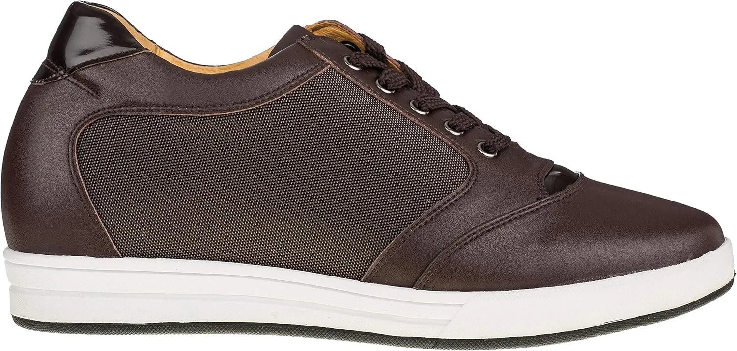 TOTO Men's Invisible Height Increasing Elevator Shoes - Dark Brown Leather/Mesh Lace-up Casual Fashion Sneakers - 3.2 Inches Taller - A53271 - Size 12 D(M) US