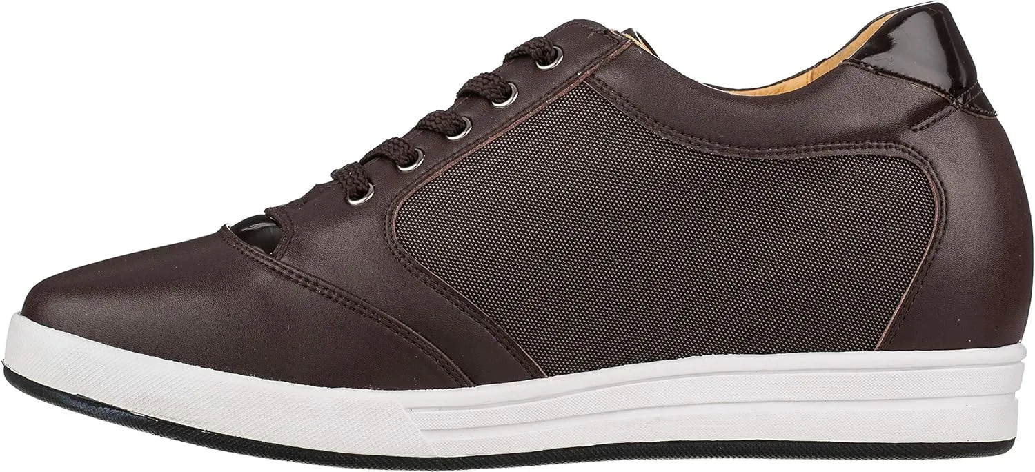 TOTO Men's Invisible Height Increasing Elevator Shoes - Dark Brown Leather/Mesh Lace-up Casual Fashion Sneakers - 3.2 Inches Taller - A53271 - Size 12 D(M) US