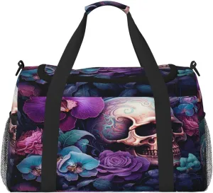 Travel Duffel Bag For Men Women, Colorful Flowers Sugar Skull Carry On Sport Gym Bag With Shoulder Strap Lightweight Waterproof Weekender Bag Overnight Bag