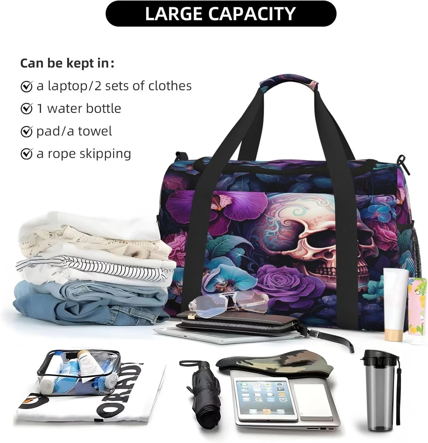 Travel Duffel Bag For Men Women, Colorful Flowers Sugar Skull Carry On Sport Gym Bag With Shoulder Strap Lightweight Waterproof Weekender Bag Overnight Bag