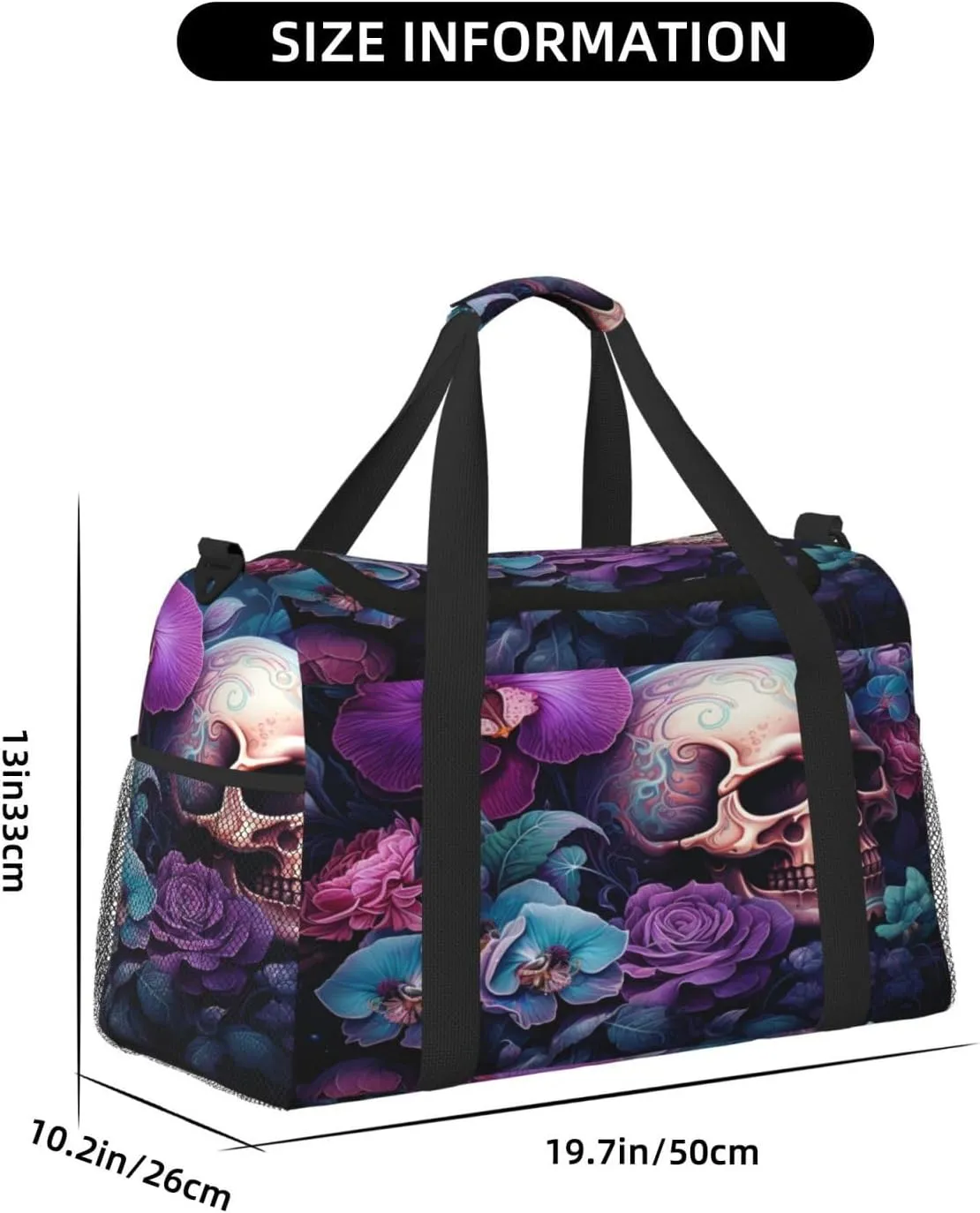 Travel Duffel Bag For Men Women, Colorful Flowers Sugar Skull Carry On Sport Gym Bag With Shoulder Strap Lightweight Waterproof Weekender Bag Overnight Bag