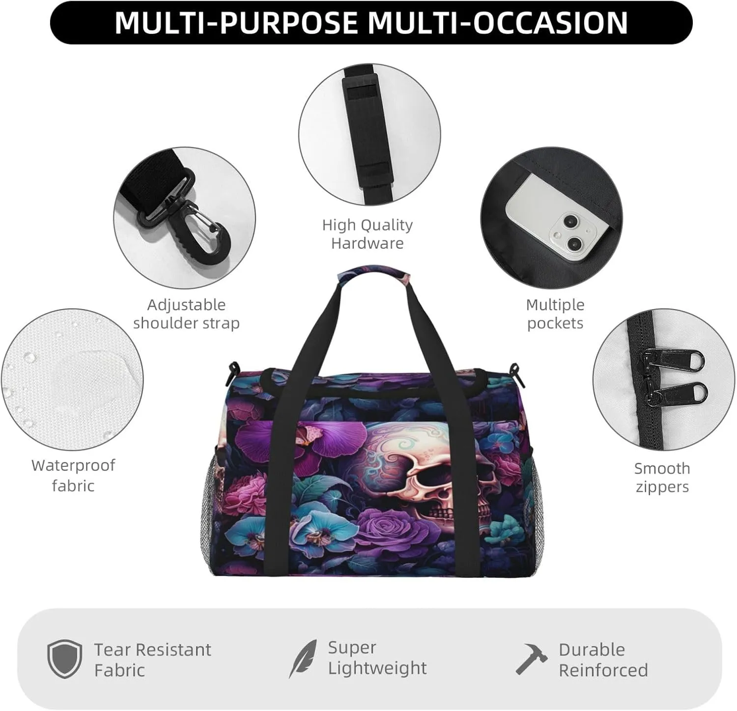 Travel Duffel Bag For Men Women, Colorful Flowers Sugar Skull Carry On Sport Gym Bag With Shoulder Strap Lightweight Waterproof Weekender Bag Overnight Bag