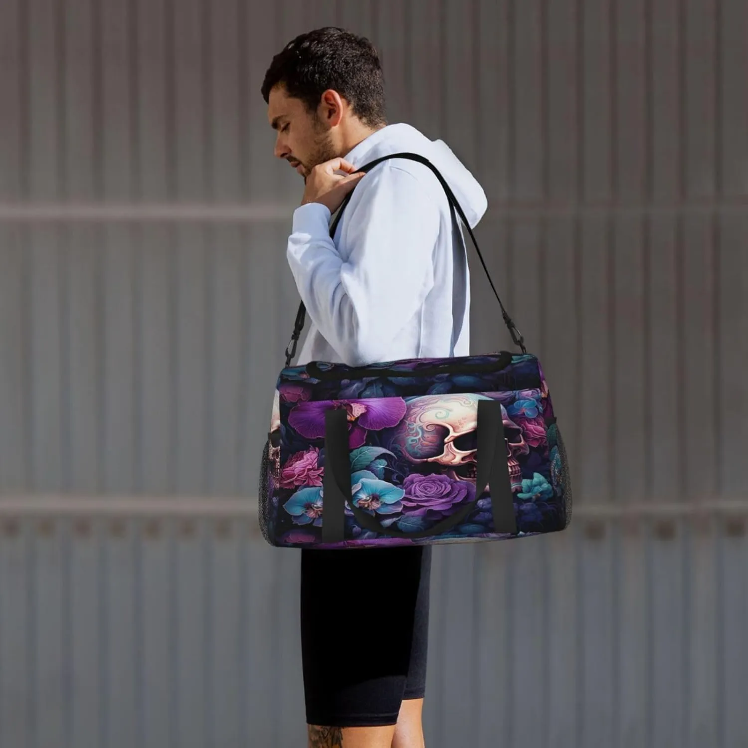 Travel Duffel Bag For Men Women, Colorful Flowers Sugar Skull Carry On Sport Gym Bag With Shoulder Strap Lightweight Waterproof Weekender Bag Overnight Bag