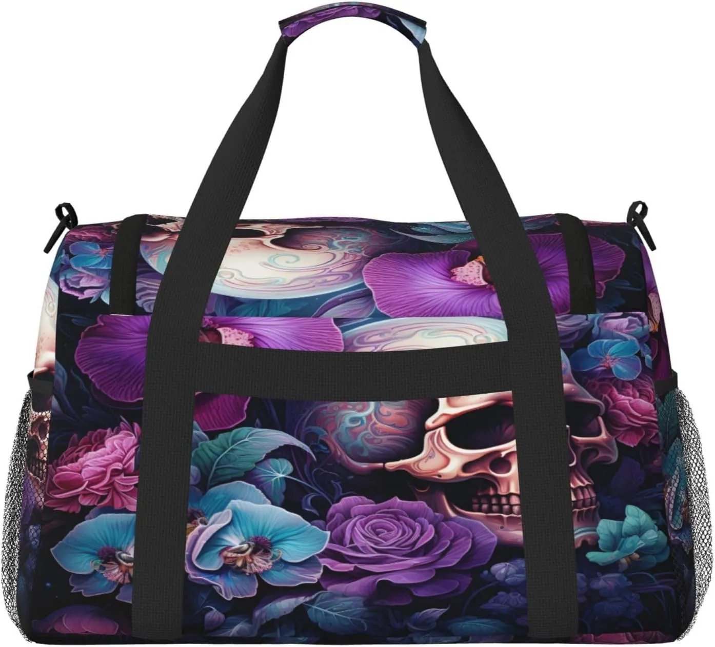 Travel Duffel Bag For Men Women, Colorful Flowers Sugar Skull Carry On Sport Gym Bag With Shoulder Strap Lightweight Waterproof Weekender Bag Overnight Bag