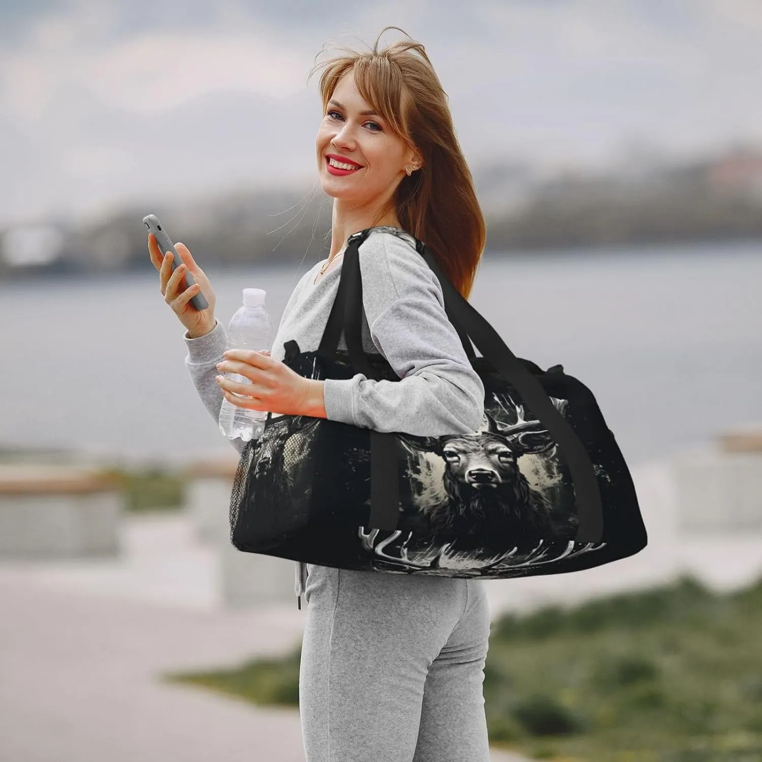Travel Duffel Bag For Men Women, Cool Art Deer Black Carry On Sport Gym Bag With Shoulder Strap Lightweight Waterproof Weekender Bag Overnight Bag