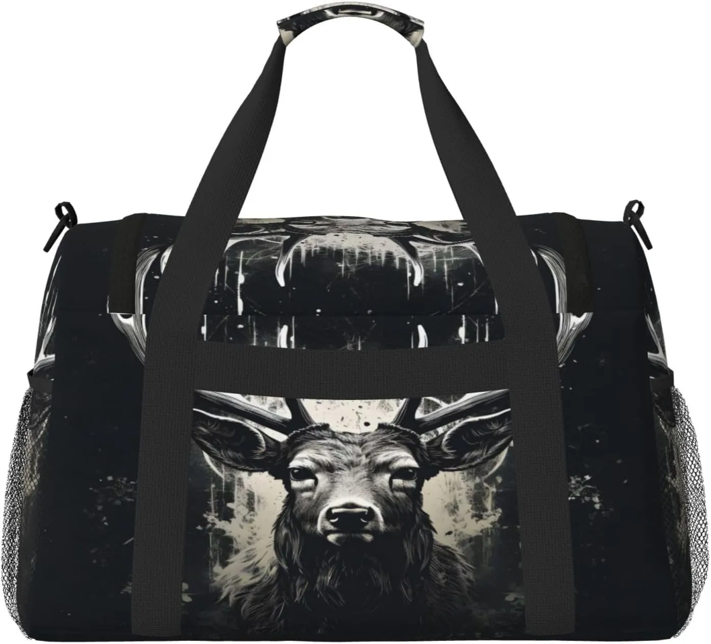 Travel Duffel Bag For Men Women, Cool Art Deer Black Carry On Sport Gym Bag With Shoulder Strap Lightweight Waterproof Weekender Bag Overnight Bag