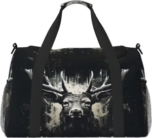 Travel Duffel Bag For Men Women, Cool Art Deer Black Carry On Sport Gym Bag With Shoulder Strap Lightweight Waterproof Weekender Bag Overnight Bag