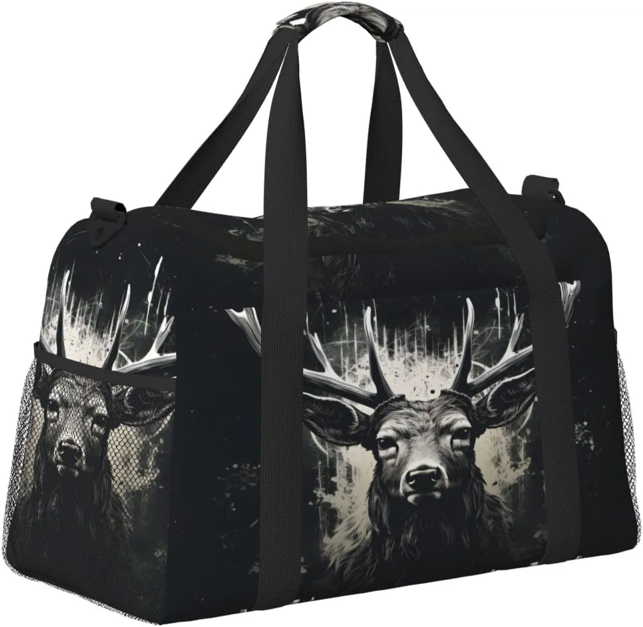 Travel Duffel Bag For Men Women, Cool Art Deer Black Carry On Sport Gym Bag With Shoulder Strap Lightweight Waterproof Weekender Bag Overnight Bag