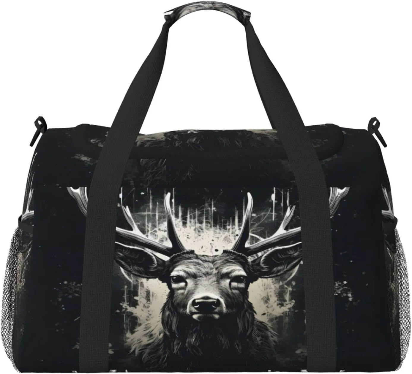 Travel Duffel Bag For Men Women, Cool Art Deer Black Carry On Sport Gym Bag With Shoulder Strap Lightweight Waterproof Weekender Bag Overnight Bag
