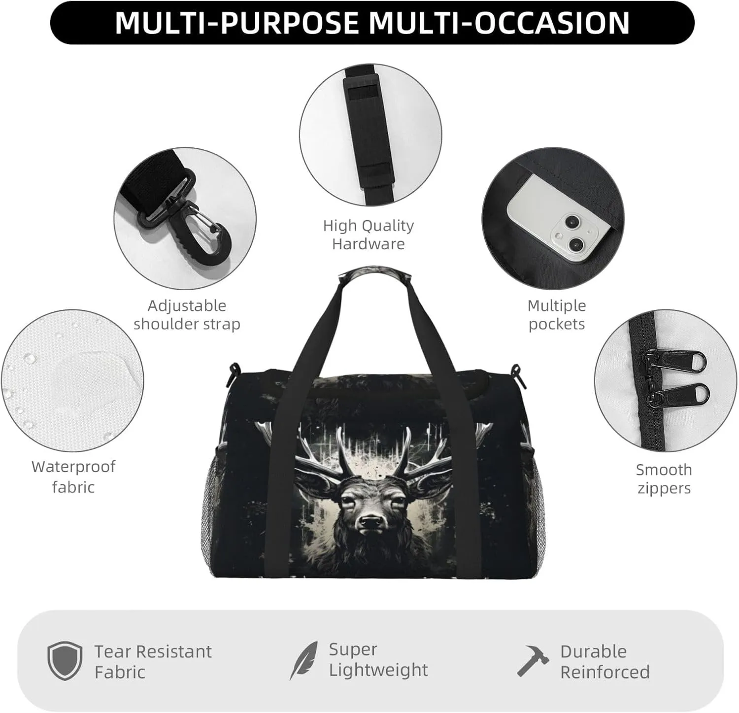 Travel Duffel Bag For Men Women, Cool Art Deer Black Carry On Sport Gym Bag With Shoulder Strap Lightweight Waterproof Weekender Bag Overnight Bag