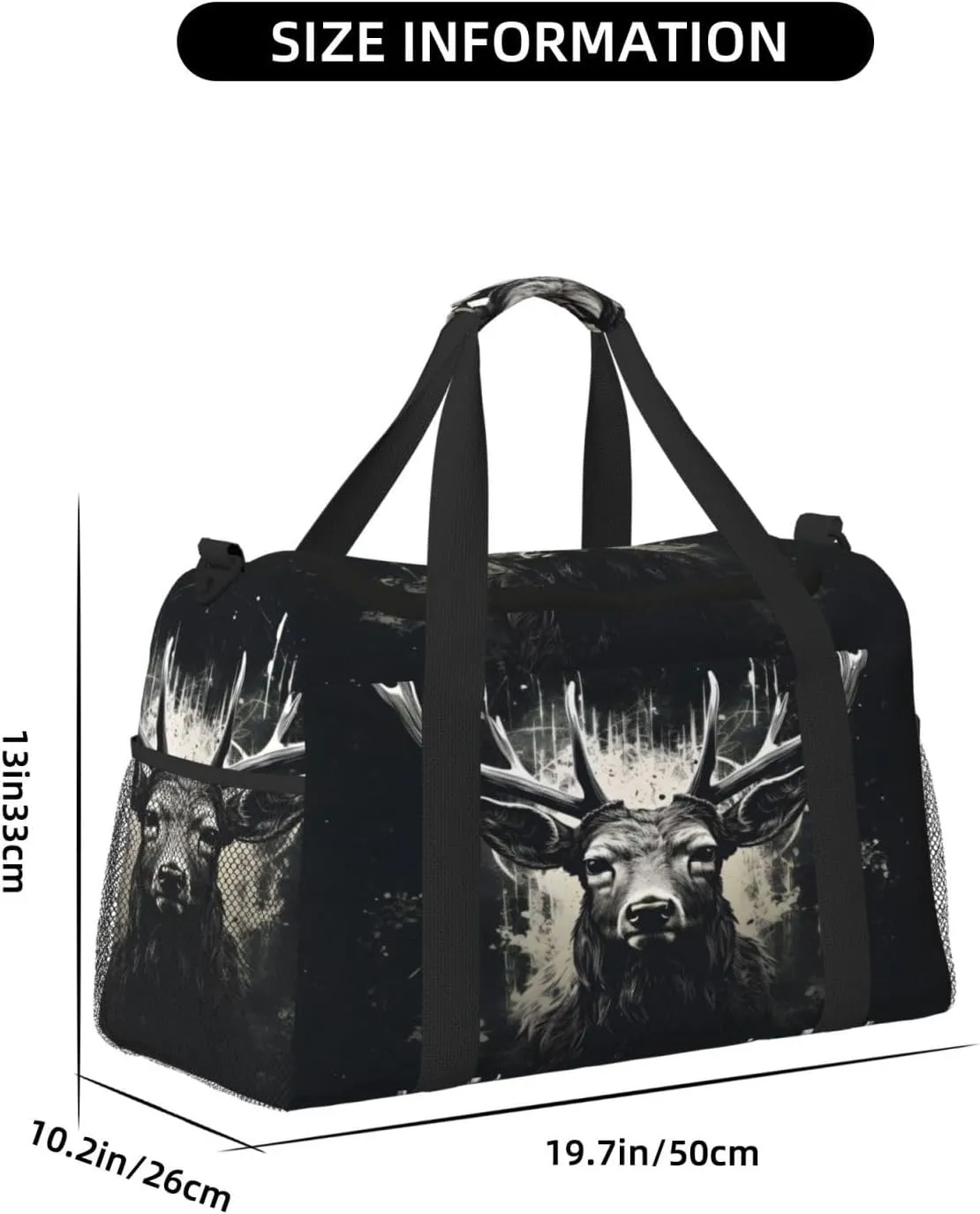 Travel Duffel Bag For Men Women, Cool Art Deer Black Carry On Sport Gym Bag With Shoulder Strap Lightweight Waterproof Weekender Bag Overnight Bag