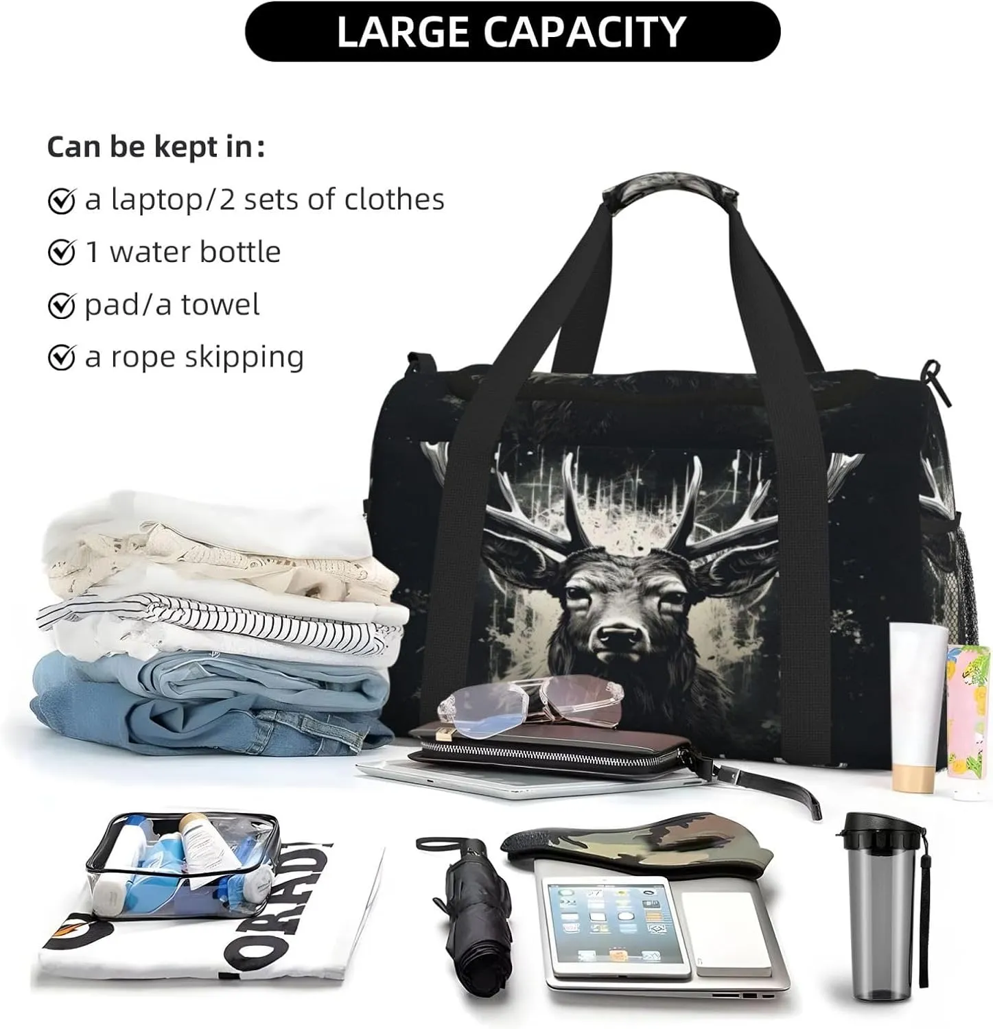Travel Duffel Bag For Men Women, Cool Art Deer Black Carry On Sport Gym Bag With Shoulder Strap Lightweight Waterproof Weekender Bag Overnight Bag
