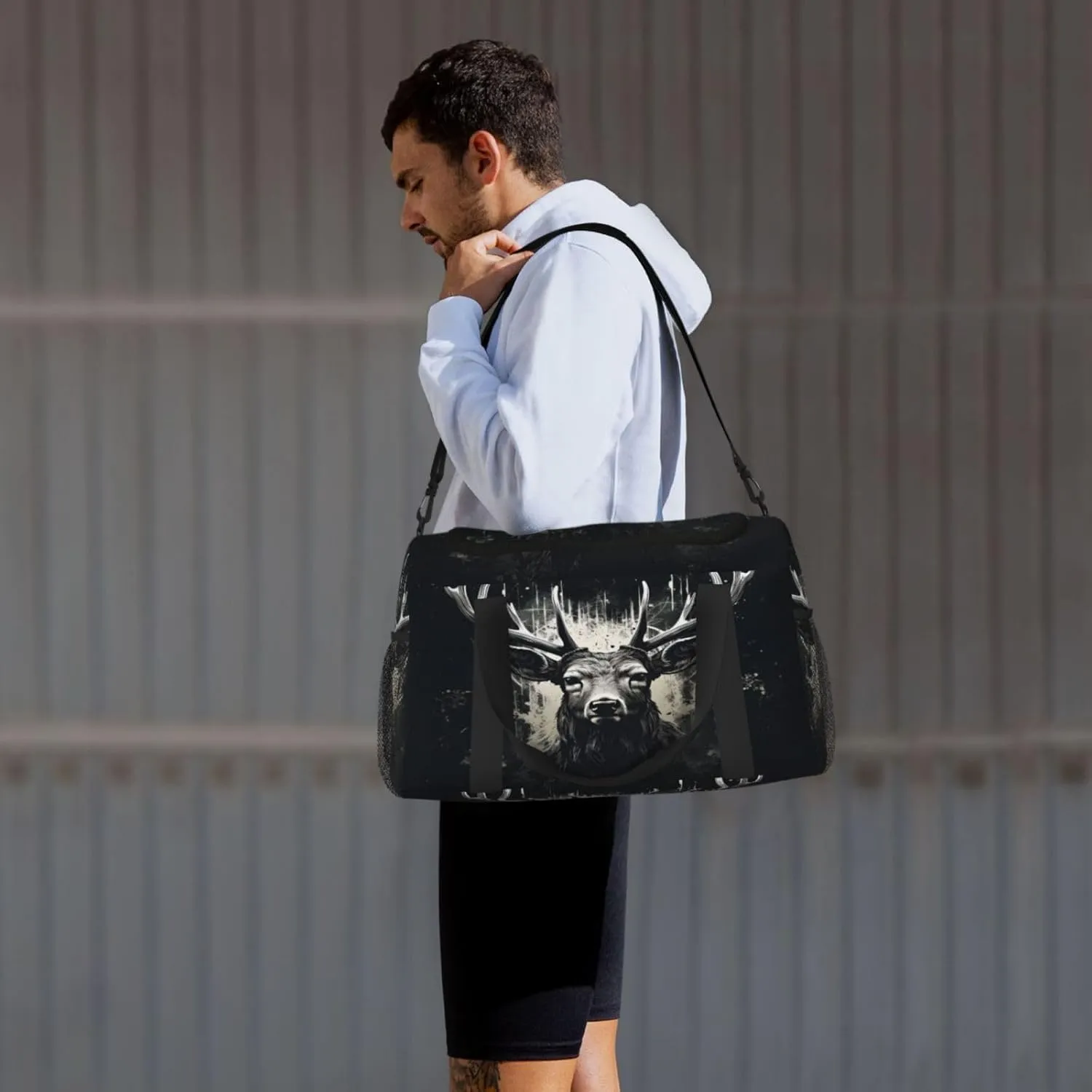 Travel Duffel Bag For Men Women, Cool Art Deer Black Carry On Sport Gym Bag With Shoulder Strap Lightweight Waterproof Weekender Bag Overnight Bag