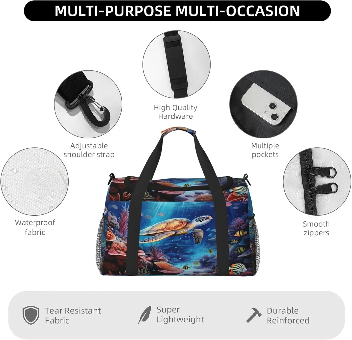 Travel Duffel Bag For Men Women, Marine Animals Sea Turtles Tarfish Carry On Sport Gym Bag With Shoulder Strap Lightweight Waterproof Weekender Bag Overnight Bag
